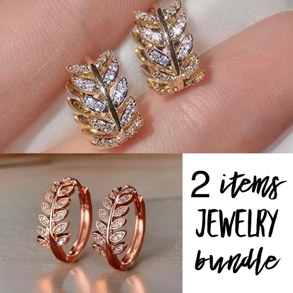 Zircon Olive Branch Leaf Small Hoop Earrings - Gold & Rose Gold Set